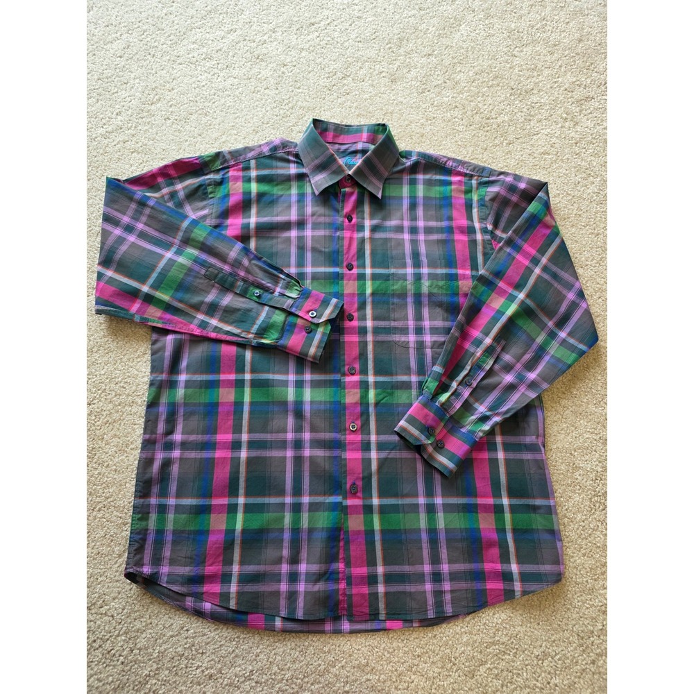 Alan Flusser Mens Plaid Button Down Shirt Pink Green Purple 100% Cotton L